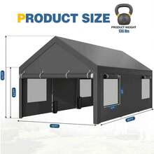 JAMFLY Carport, Heavy Duty Carport With Roll-Up Windows, Portable Garage With Removable Sidewalls & Doors, Car Canopy With Sandbags And All-Season Tarp For Car Boat Truck Motorcycle - 深灰色 - 查看 3