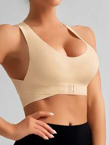 1pc Women's Wireless Front & Back Closure Sports Bra, Cycling & Workout, Anti-Sag - Nude - View 7