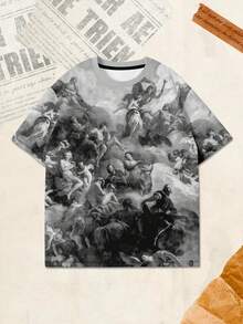 男士黑白古典油画印花休闲宽松圆领短袖T恤 - 白色 - 查看 2
