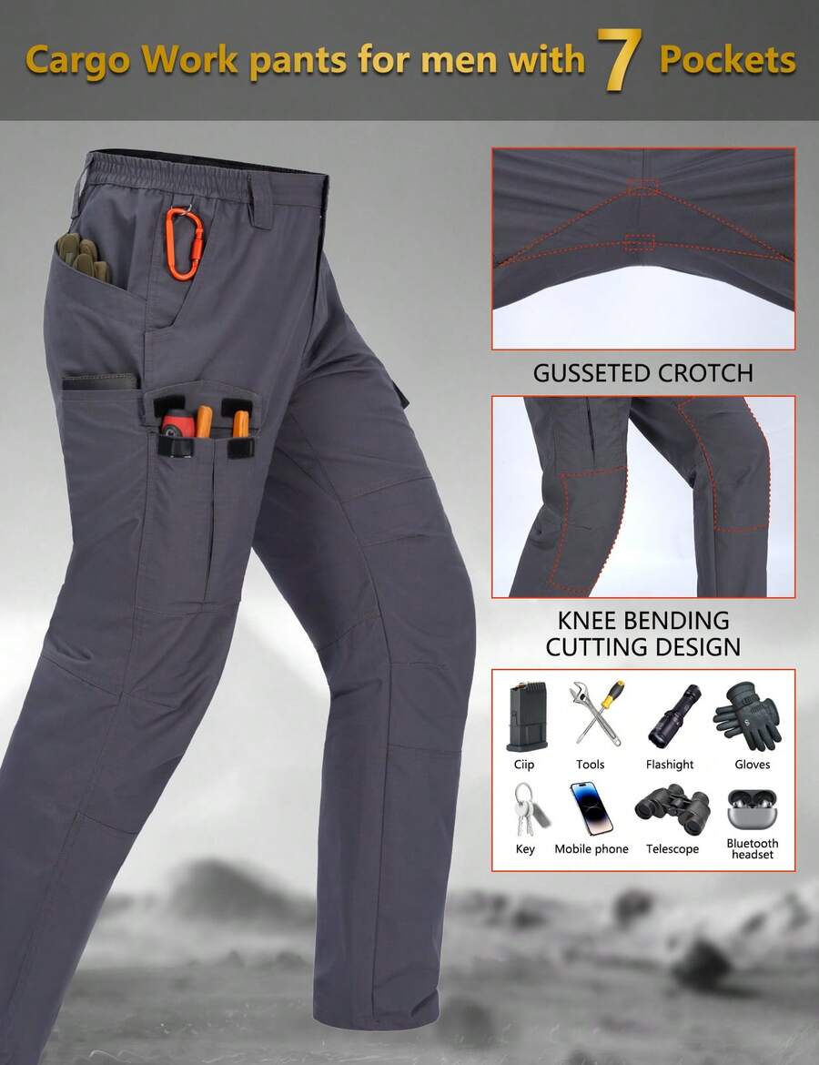 Men's Lightweight Waterproof Hiking Pants, Tear-Resistant Tactical Work Pants With Belt & 7 Pockets Outdoor Quick Dry - 灰色 - 查看 1
