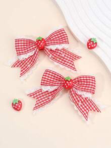 2pcs Strawberry Hair Clips, Women/Girls Red Plaid Lace Bow Alligator Clips With Strawberry Decor, Cute Sweet Vacation Style Bow Hair Clips, Adorable Strawberry Plaid Bow Hair Clips, Women Hair Accessories, Flat Claw Clips, Hair Claws, Hair Slide, Hair Barrettes, Hairpin,Summer,Holiday,Travel - Red Strawberry - View 4