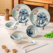 Disney Vajilla de cerámica con diseño de Stitch, cuencos de arroz para el hogar, juego de cuencos y platos de alta calidad, set de regalo - Multicolor - Ver 2