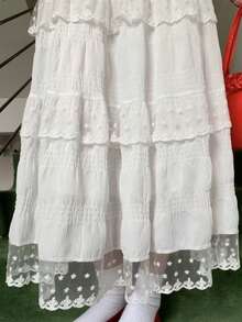 少女蕾丝边高腰A字长裙，适合13-16岁女孩 - 白色 - 查看 6