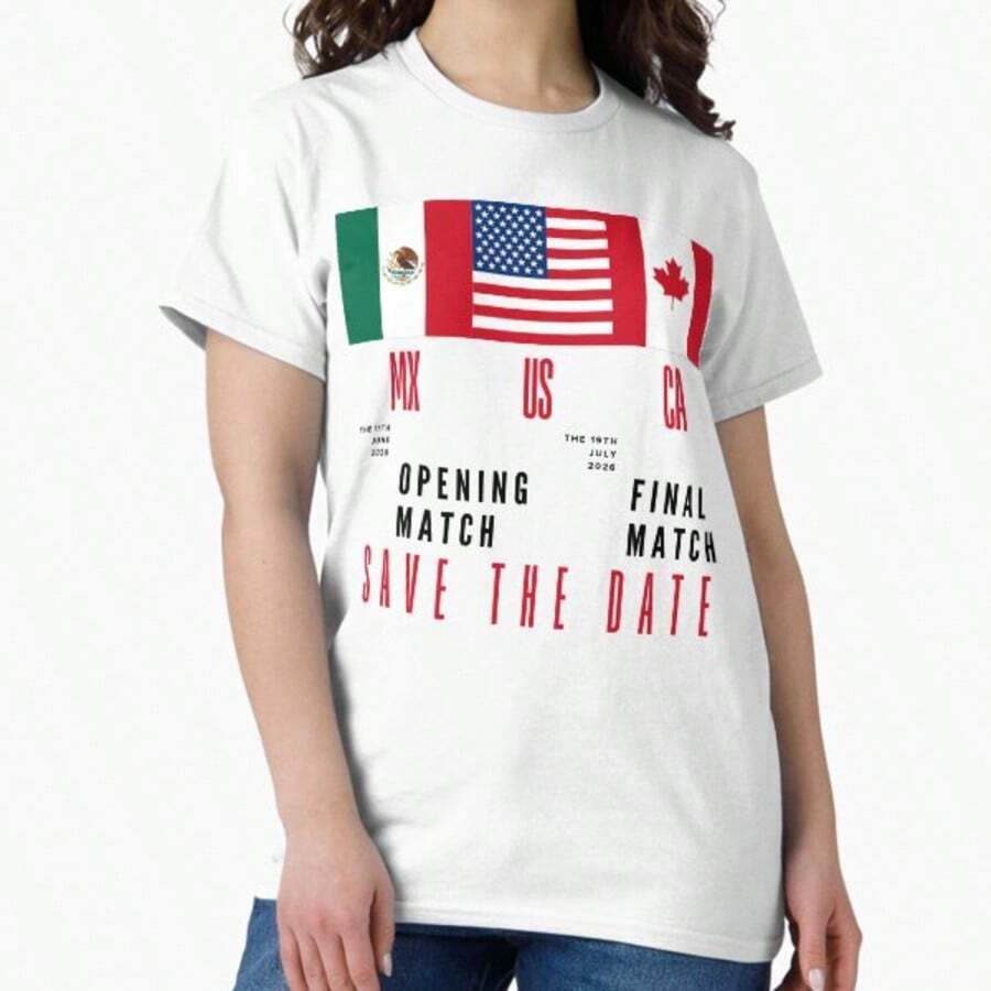 2026 World Cup Opening & Final – Azteca Stadium Mexico & MetLife Stadium USA – Football Design With Mexican, Canadian & US Flags Classic T-Shirt - trắng - Xem 1