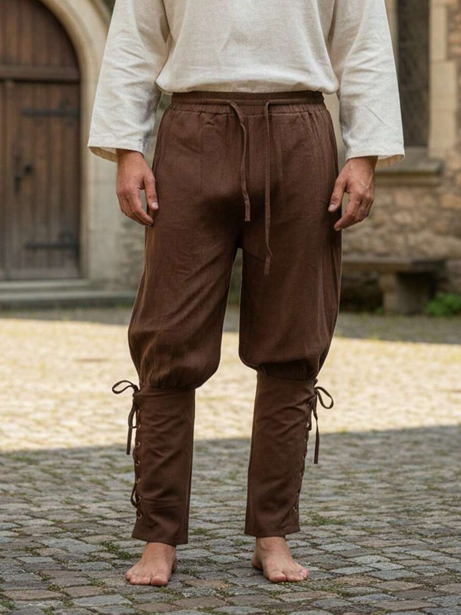 Men's Solid Color Drawstring Waist Medieval Costume Cosplay Renaissance Viking Pants - Brown - View 1