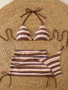 Sunset Stripe Halter Bikini Top And High Waist Matching Swim Bottoms, Ideal For Beach Vacation, Pool Leisure, And Tropical Travel Summer - Brown - View 6