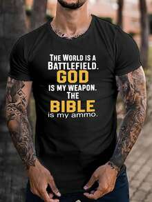 Camiseta Creativa para Hombre con Estampado de Letras, Camiseta Casual de Manga Corta con Cuello Redondo, Ropa de Hombre para Verano al Aire Libre - Negro - Ver 1