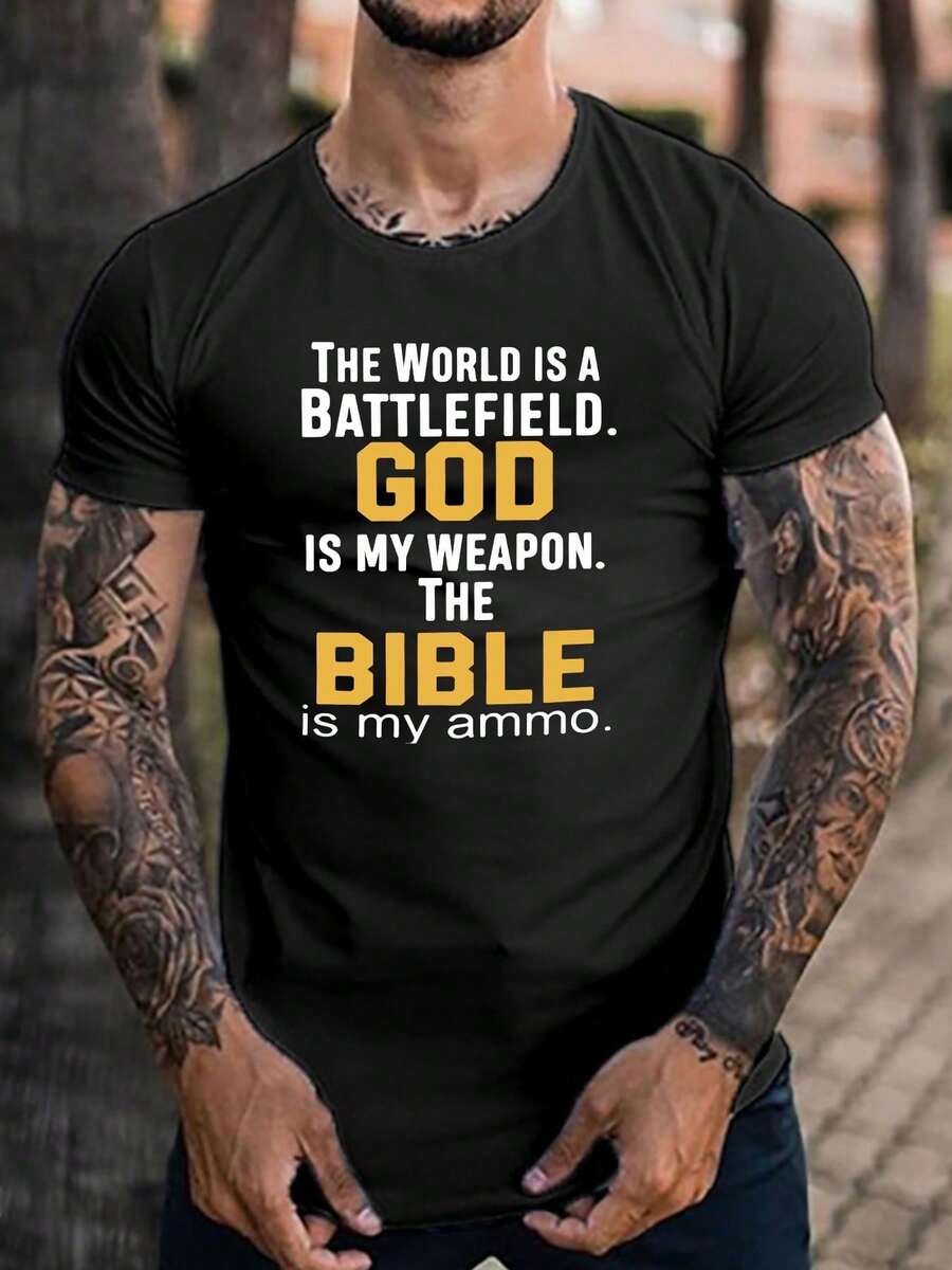 Camiseta Creativa para Hombre con Estampado de Letras, Camiseta Casual de Manga Corta con Cuello Redondo, Ropa de Hombre para Verano al Aire Libre - Negro - Ver 1