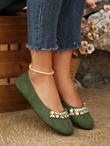 Women's Spring Rhinestone Casual Flat Loafers, Comfortable Breathable Slip-On Boat Shoes For Office Wear - Green - View 4