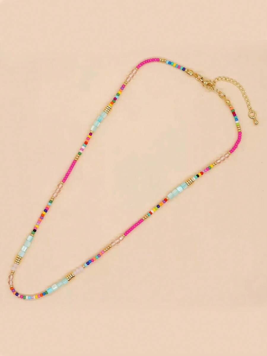 Women's Beaded Necklace, Colorful Bohemian Style Mixed Bead & Crystal Necklace, Neck Chain, Beach Jewelry (Bead Color Is Random) - Multicolor - View 1