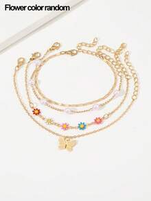 4件套女孩雏菊、蝴蝶和珍珠脚链套装 - 彩色 - 查看 3