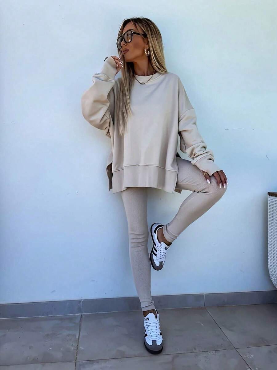 Women's 2 Piece Loungewear Set, Oversized Pullover And High Stretch Leggings, Versatile Spring Outfit For Home, Travel And Casual Outings - Màu be - Xem 1