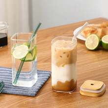 1pc 400ml Square Heat-Resistant Glass Cup With Lid And Straw, Transparent Milk Tea, Juice, Coffee Cup For Home And Bar - Multicolor - View 9
