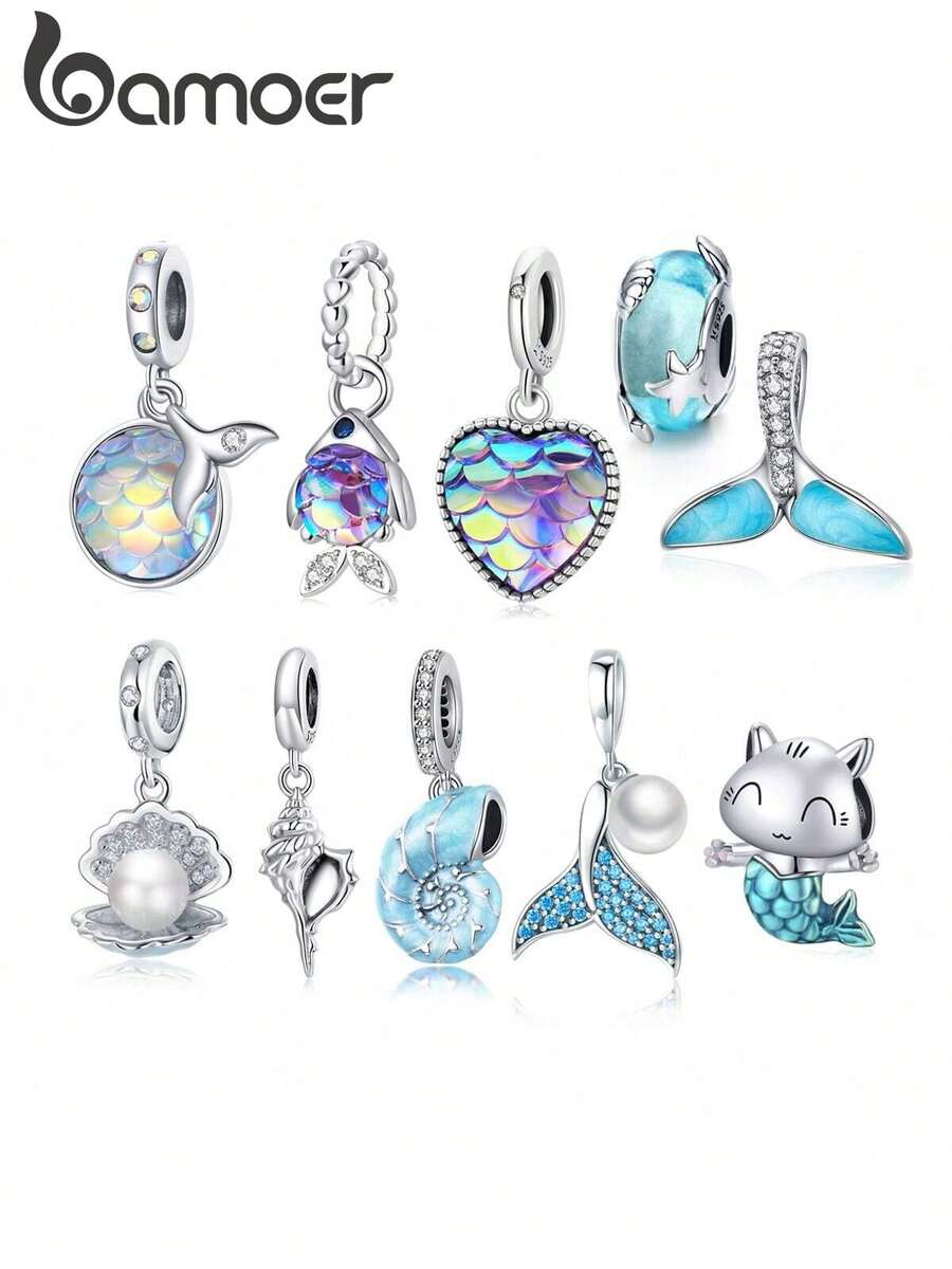 Bamoer 925 Sterling Silver Blue Ocean Series Pendant, Shell, Seashell, Mermaid Tail, Zirconia, Suitable For Necklace And Bracelet DIY, Summer Jewelry Gift