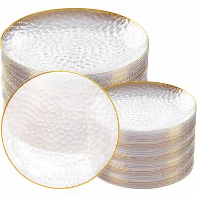 50/25/12/2pcs Transparent Hammered Gold Rim Plates, Transparent Gold Rim, Transparent Bottom Decorated With Gold Rim, Elegant Dessert Plate, Pasta Plate, Pizza Plate, Cake Plate, Salad Plate, Size 7.5 Inches/10.25 Inches, Reusable And Easy To Clean, Suitable For Outdoor Use, Parties, Birthdays, Weddings And Holidays