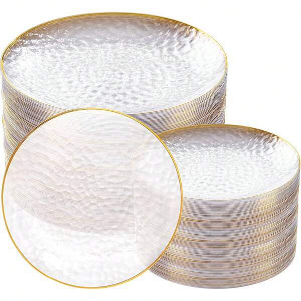 50/25/12/2pcs Transparent Hammered Gold Rim Plates, Transparent Gold Rim, Transparent Bottom Decorated With Gold Rim, Elegant Dessert Plate, Pasta Plate, Pizza Plate, Cake Plate, Salad Plate, Size 7.5 Inches/10.25 Inches, Reusable And Easy To Clean, Suitable For Outdoor Use, Parties, Birthdays, Weddings And Holidays
