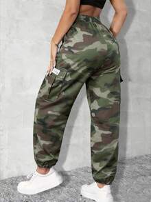 Women's Dark Camouflage Cargo Pants, Multi-Pocket Design With Drawstring Hem, Loose Fit, High Street Style, Pair With Cropped Top And Retro Sneakers For Sporty Look, Suitable For Casual Outings And Fashionable Gatherings Sports - Army Green - View 3