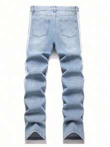 2026 American High - Street Youth Men's Harajuku Style Three - Stripe Black - Blue Straight - Leg Jeans For Fashionable Streetwear And Stylish OOTD, Purple Jeans Option Available For Men's Fashionable Trousers - 藍色 - 查看 2
