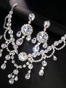 一套夸张水晶水滴吊坠项链和耳环套装，女士奢华派对晚礼服首饰 - 銀色 - 查看 3