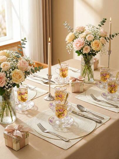 6pcs Turkish/Middle Eastern Coffee Cup & Saucer Set, Floral Pattern, With Gold Spoon, Suitable For Tea, Coffee, Milk, Juice, Outdoor Wedding Party Gifts, Birthday Party Supplies, Essential Kitchen Elegant Dishware Set, Fashionable Beverage Utensils