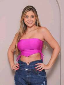 Women's Cropped Top With Band And Tie With Suplex Cup Strapless Blogueirinha One Size - Fits Sizes 36 To 42 - 玫瑰紅 - 查看 2