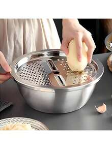 3 PiecesStainless Steel Shredding Basin Set, Thickened Drain Basket & Vegetable Cutter Bowl, Multifunctional Shredding Plate, Potato Slicer, Vegetable & Carrot Grater, Household Kitchen Shredder, Rice Washing Sieve Strainer. Ideal For Festival & Festival. 3pcs Sticky Notes - Multicolor - View 5