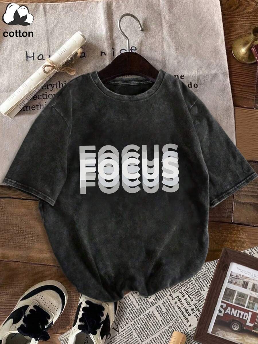 Áo thun nữ cỡ lớn, kiểu dáng vintage, tay ngắn, in chữ "FOCUS" màu đen, chất liệu cotton, phong cách đường phố thường ngày. - màu đen - Xem 1