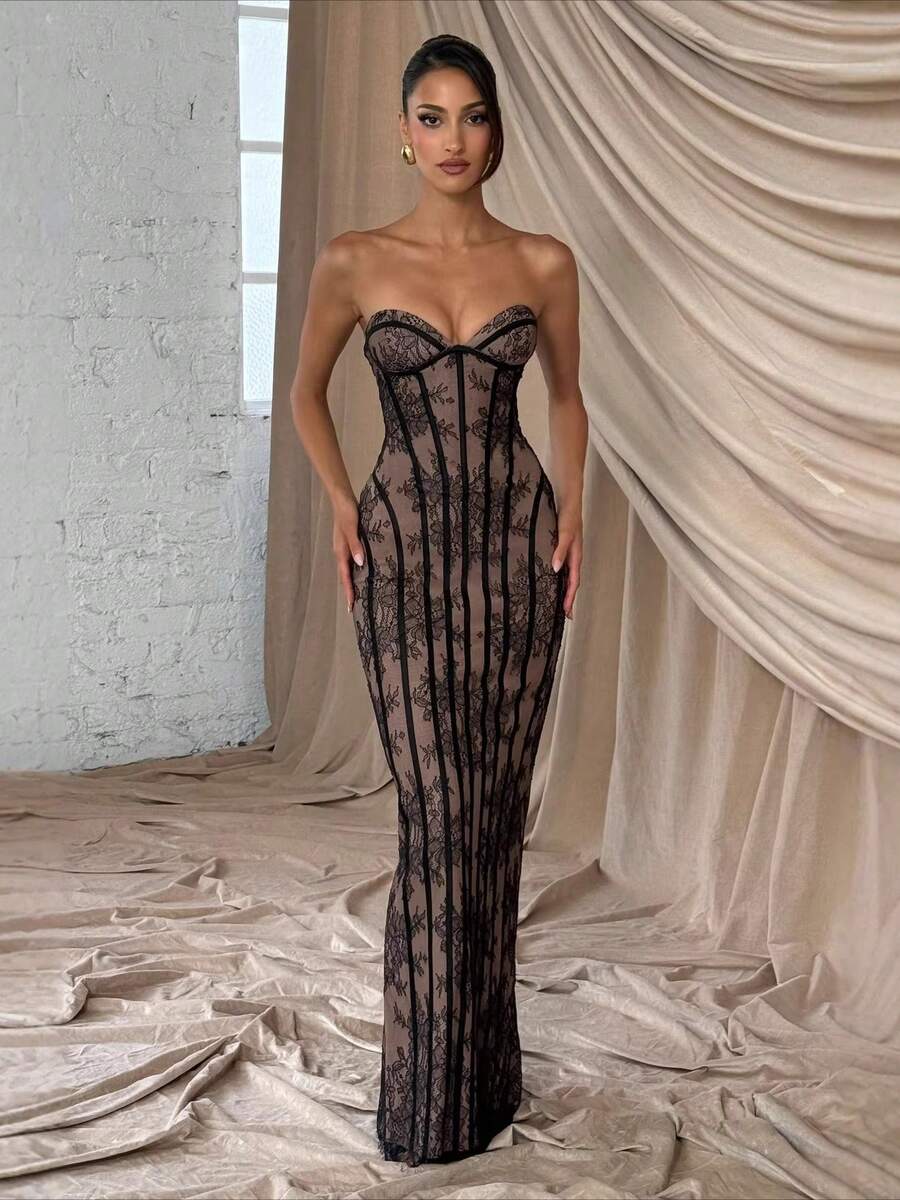 Women's Long Sleeve Exposed Chest Lace Off-Shoulder Sexy ,Fall And Winter Wedding Cocktail Party Formal Gown Women's Solid Off-Shoulder Long Sleeve Dress, Suitable For Vacation, Pink Elegant Dress For Wedding Guest, Evening Wedding Dresses,Fall Summer Spring Outfits For Women,Elegant Beach Date Dress,Suitable For Romantic Date - màu đen - Xem 1