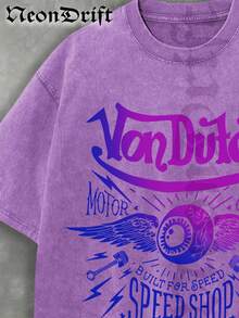 NeonDrift (230 Cotton T-Shirt) Halloween, Christmas, Thanksgiving Gifts   Fashion Head Y2k Style Pattern Men's Casual Soft 100% Cotton All-Match Crew-Neck Short-Sleeved T-Shirt Beige Apricot Color Vintage Shirts Men Style, Handmade Washed T-Shirt, Retro Men's Summer Round Neck Short Sleeved Casual Pure Cotton Print - Purple - View 2