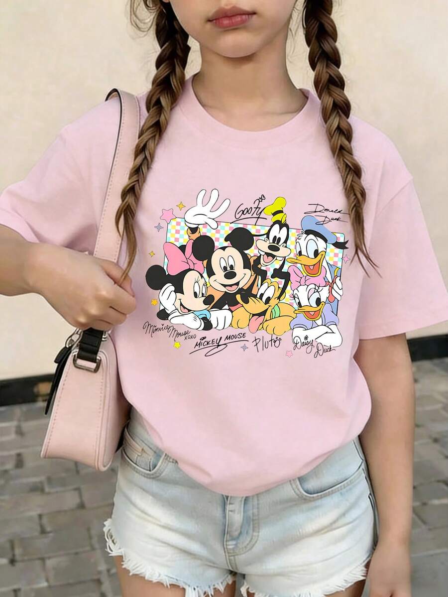 Summer Tops,Disneyland Graphic Tee, Perfect For Cute Girls. Teen Girl Gift,Comfortable And Breathable Children's Short-Sleeved T-Shirt. 180g Pure Cotton Children's Clothes,Suitable For Both Boys And Girls.Suitable For Daily Wear, Vacations, Outdoor Activities, And As A Children's Gift. - 粉色 - 查看 1