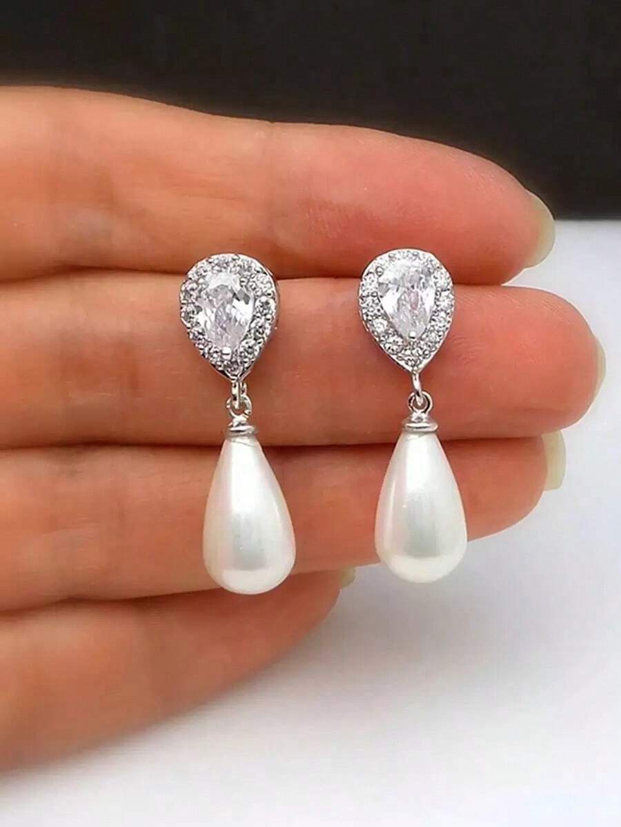 1pair Waterdrop Faux Pearl Earrings For Bridesmaid/Bride Wedding Jewelry Elegant. Valentine's Day Accessories - 銀色 - 查看 1
