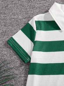 2pcs/Set Boys' Casual Striped Print Pattern Button Design Polo Collar Short Sleeve Top And Solid Color Straight Shorts, Spring/Summer - Green - View 5