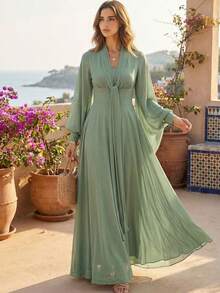 Women's Elegant Purple Long Dress, Tie Neckline, Long Sleeve, Asymmetric Hem, Flowing Vintage Chiffon Fabric Spring - Mint Green - View 4