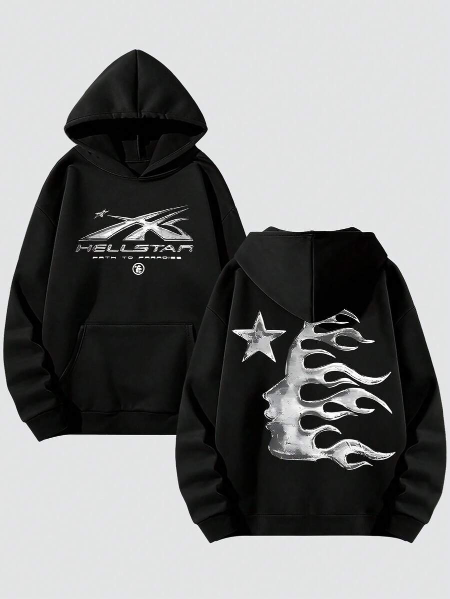 Oversized Hoodie Flame Silhouette Star Graphic Dark Gothic Rebel Streetwear Casual Winter Pullover Perfect Christmas Birthday Holiday Gift Idea For Edgy Attitude Lovers - 黑色 - 查看 1