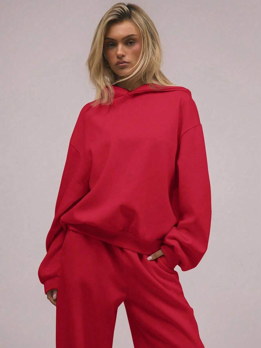 Women's Oversized Hooded 2 Piece Tracksuit Casual Loose Fit Hoodie And Wide Leg Pants Set Women's Casual Oversized 2 Piece Hooded Tracksuit Loose Fit Hoodie And Wide Leg Pants Loungewear Summer Casual: Oversized Hoodie Tracksuit For Women 2 Piece Casual Loose Fit Outfit - 紅色 - 查看 1