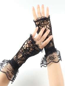 1 Pair High Elastic Fishnet Sexy Hollow Lace Floral Web Fingerless Arm Sleeve Gloves - Multicolor - View 3
