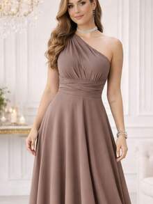 Bridesmaid Dress For Parties, Guests, Receptions, Graduations, Without Glitter, One-Shoulder Style, In Flowy Fabric. - mousse mocha - Xem 2