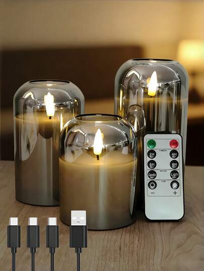 3支装可充电无焰蜡烛灯，柱形无焰LED蜡烛，带闪烁灯芯，暖白光，电池供电，闪烁舞动，电池供电（含电池），带遥控器和定时器（套装），可调光，适用于家居装饰、婚礼、节日、派对、餐桌摆饰、礼品、蜡烛加热器（直径3英寸 x 高4英寸、5英寸、6英寸）