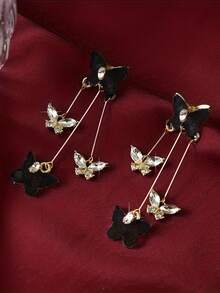 1对蝴蝶流苏耳环，女士奢华闪亮长款垂坠耳环，复古优雅耳环，适合约会佩戴 - 彩色 - 查看 3