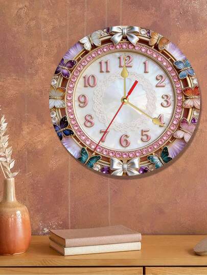 2D Flat 1pc Butterfly Gemstone Lace Butterfly Theme Silent Decorative Wall Clock, Creative Clock Suitable For Bedroom, Living Room, Office Decor, 10/12 Inch (Batteries Not Included), 2D Flat