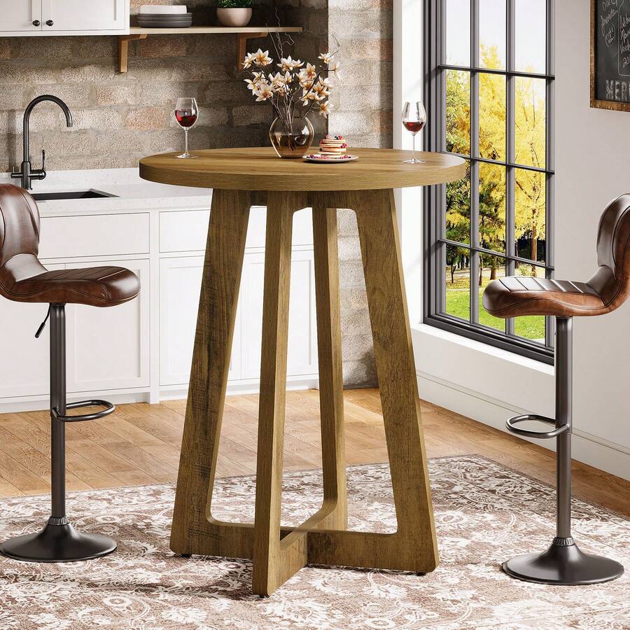 Tribesigns Round Bar Table, 40.15" Bar Height, Bistro Pub Table For Small Bars, Living Room, Kitchen, Brown (Only Table) - Brown - View 1
