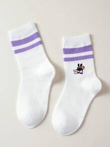1 Pair Children's Solid Color Parallel Bar Socks, Purple, Student Socks With Rabbit & Basketball Graphic, Minimalist Casual Suitable For Holidays - Multicolor - View 6