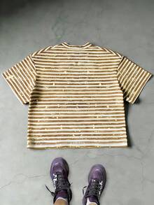 Casual Colorblock Striped Retro Loose Fit Round Neck Short Sleeve T-Shirt - Yellow - View 3