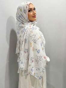 1pc Women's Solid Color Lace Tassel Long Scarf, Versatile Shawl - 01-white - View 8