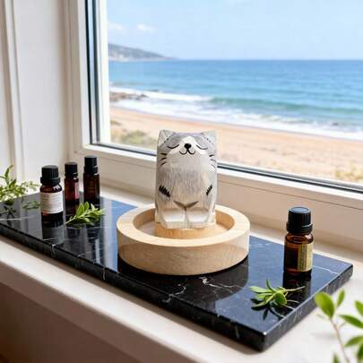 Handgjord kreativ grå katt aromdiffusor i trä - doftdiffusor för bilen - aromdiffusor i trä - dofttillbehör för hemmet - naturligt massivt trä - ingen ström behövs - liten present - lyckogåva - presentkarneval - figurinredning