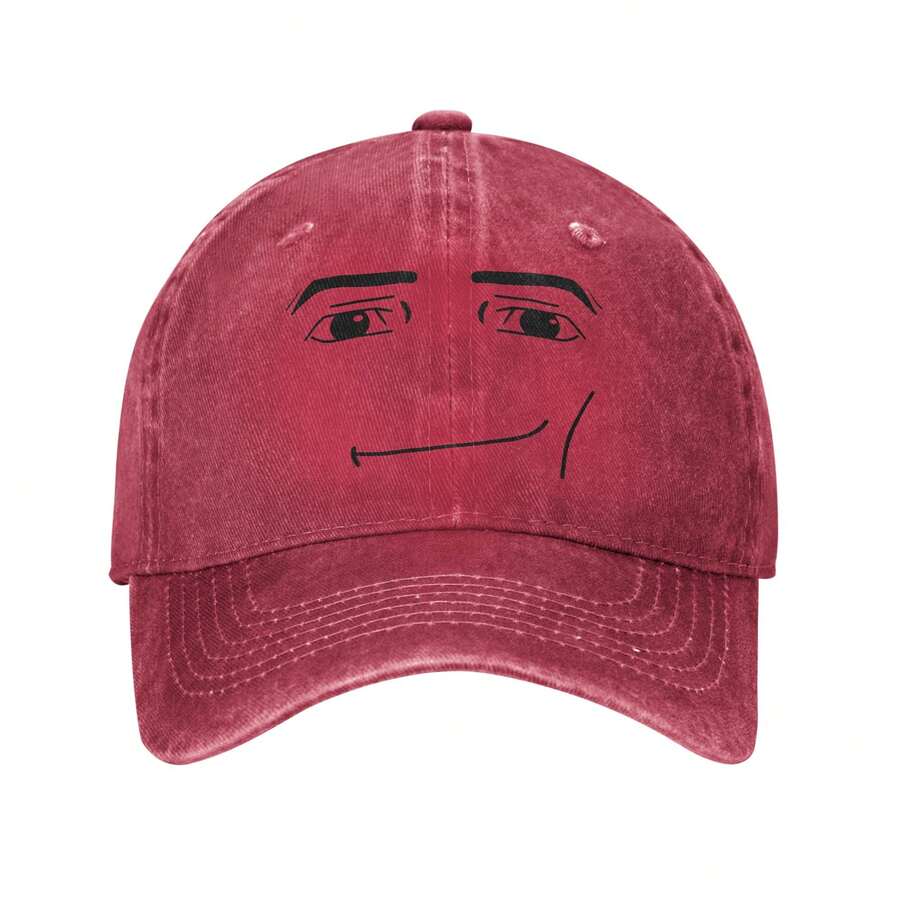 Anime Robot Robloxs Face Fashion Retro Washed Denim Hat - 紅色 - 查看 1