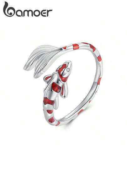 bamoer 1 pieza Anillo abierto de plata de ley 925 con diseño de carpa roja, diseño de pez de la suerte, talla ajustable, regalo de cumpleaños para mujer, joyería exquisita