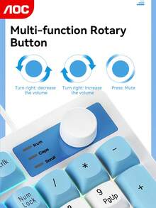Bàn phím cơ chơi game có đèn nền AOC, bố cục 95 phím với núm điều chỉnh âm lượng, thiết kế tối giản và tinh tế, thiết kế công thái học mang lại trải nghiệm gõ phím thoải mái. - Xem 6