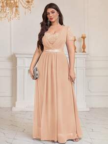 MISSMAY Plus Size Sweetheart Sequin Foral Lace Contrast Rhinestones Ribbon Waist Chiffon Formal Party Long Dress - Champagne - View 6
