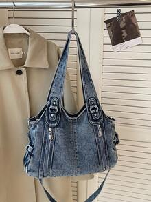 1pc Blue Minimalist Large Capacity Shoulder Tote Bag, Suitable For Outings, Travel, Vacation, Fits Textbooks, Laptops, Clothes - Navy Blue - View 3